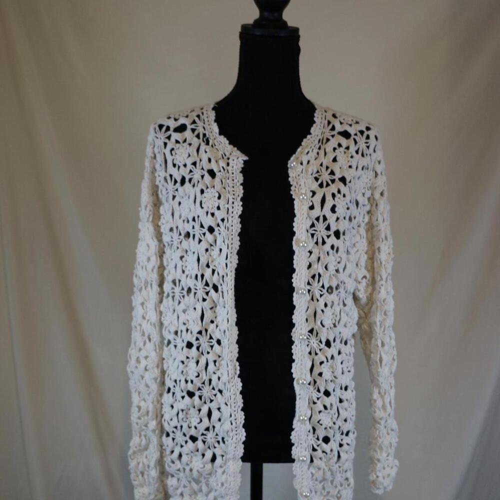 Katy D. Kathryn Deene white crochet cardigan